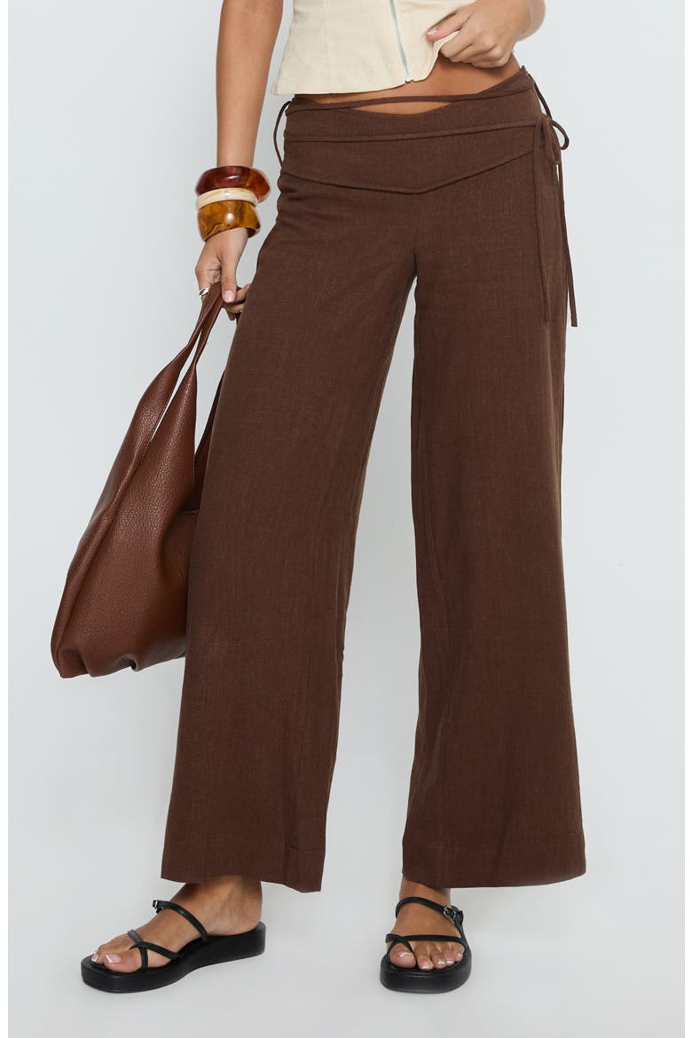 Silver Moon Tie Waist Linen Blend Pants, Main, color, BROWN