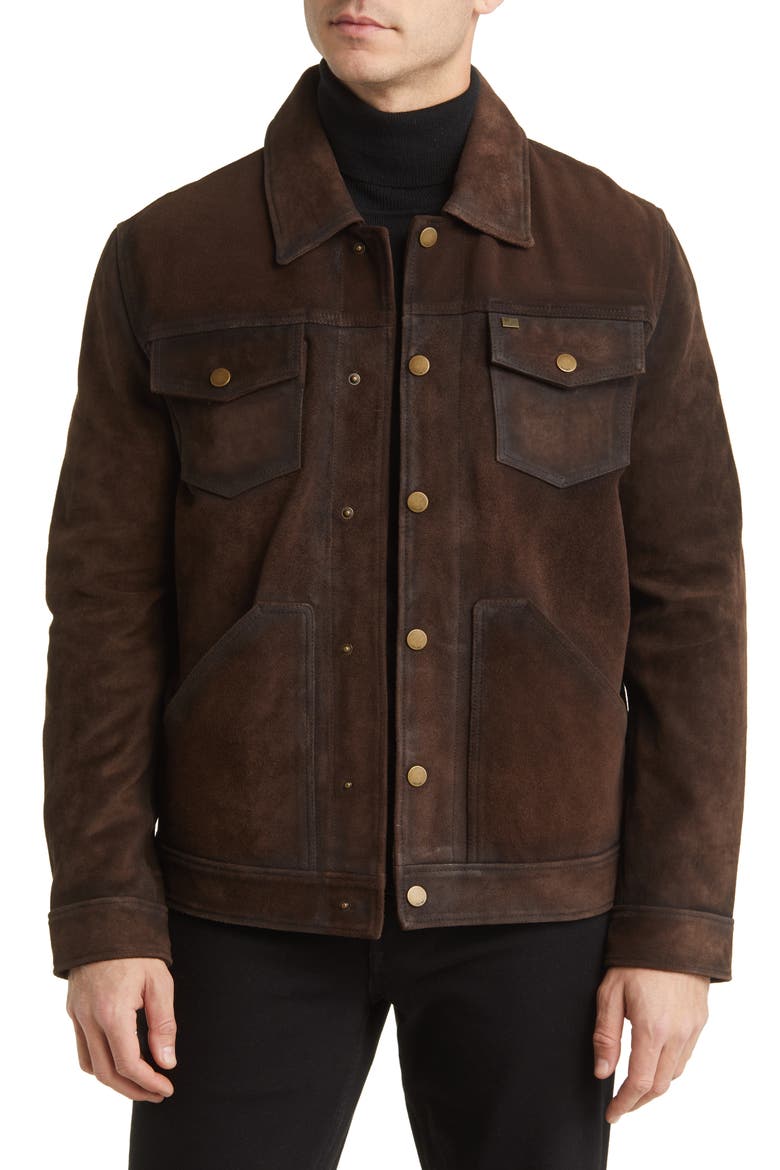 Leather Trucker Jacket, Main, color, DARK BROWN