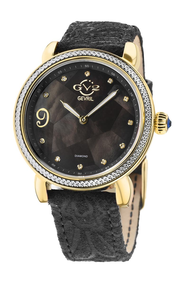 GV2 Ravenna Mother of Pearl Diamond Suede Embossed Strap Watch, 37mm - 0.053 ctw, Main, color, 