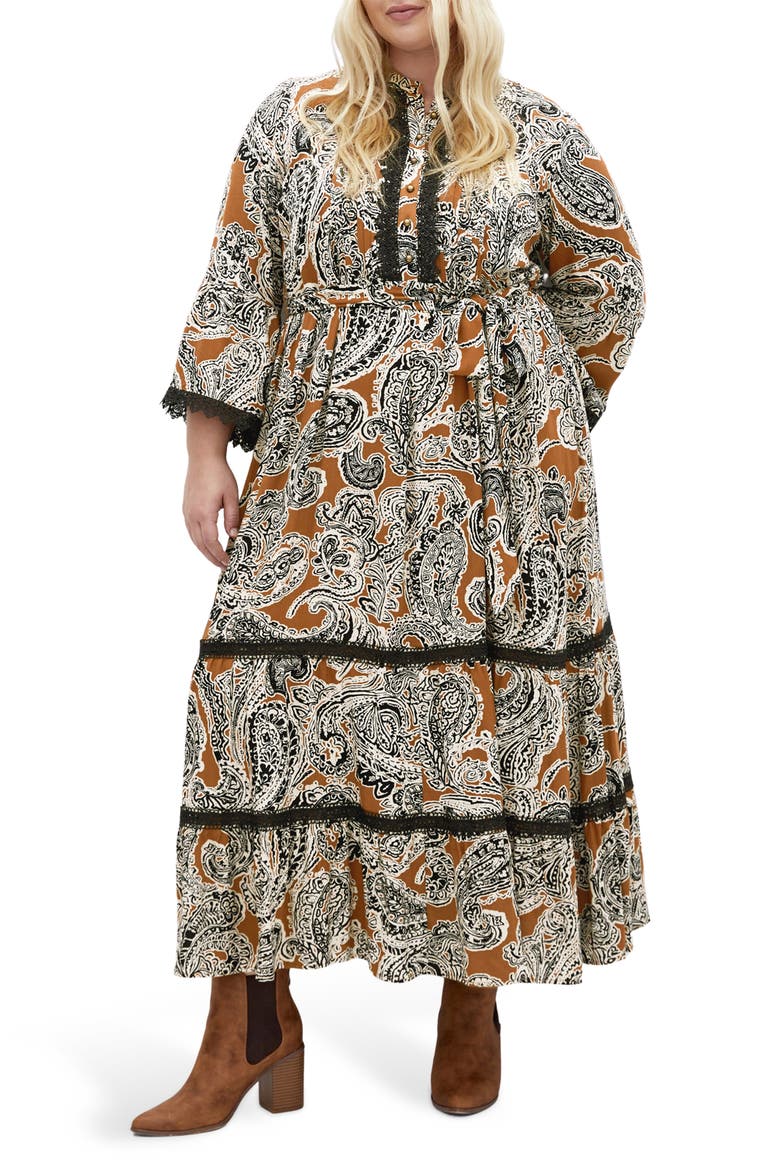 Camille Long Sleeve Print Maxi Dress, Main, color, CARAMEL PAISLEY