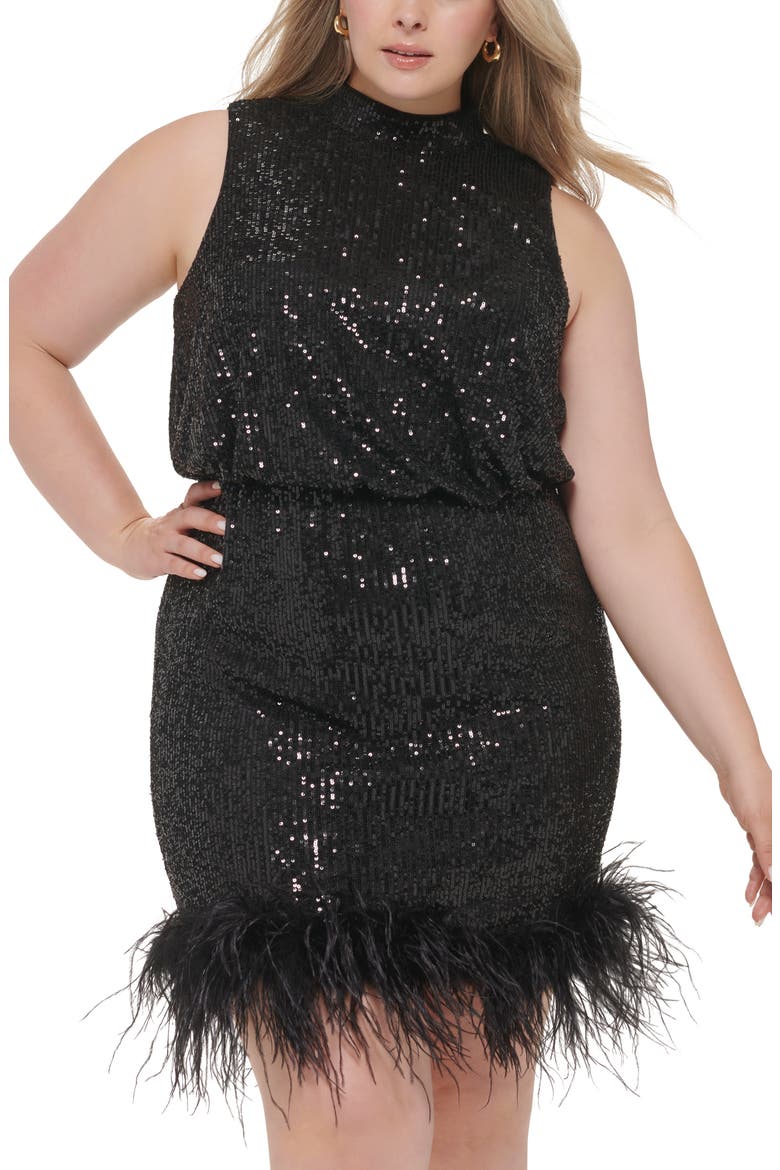 Sequin Halter Sheath Dress with Ostrich Feather Trim, Alternate, color, BLK