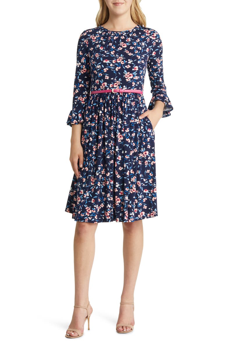 Floral Belted A-Line Dress, Main, color, NAVY