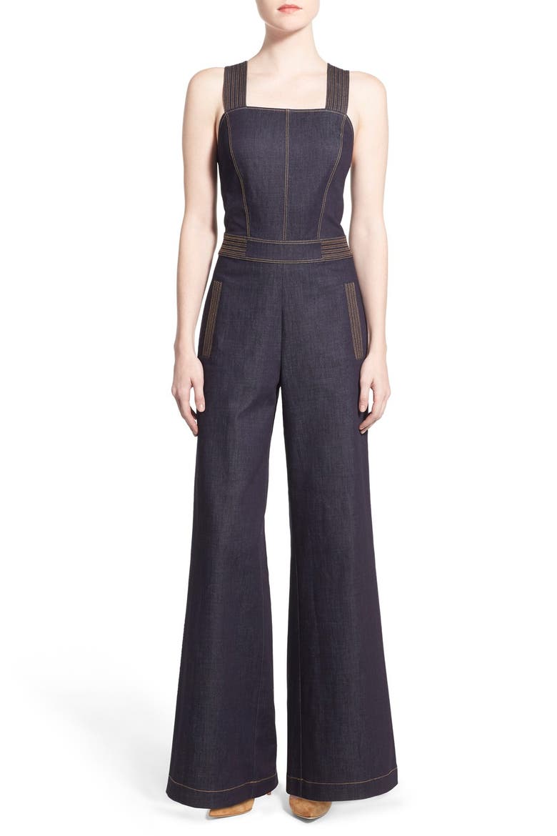 Olivia Palermo + Chelsea28 Wide Leg Denim Jumpsuit, Main, color, DARK INDIGO