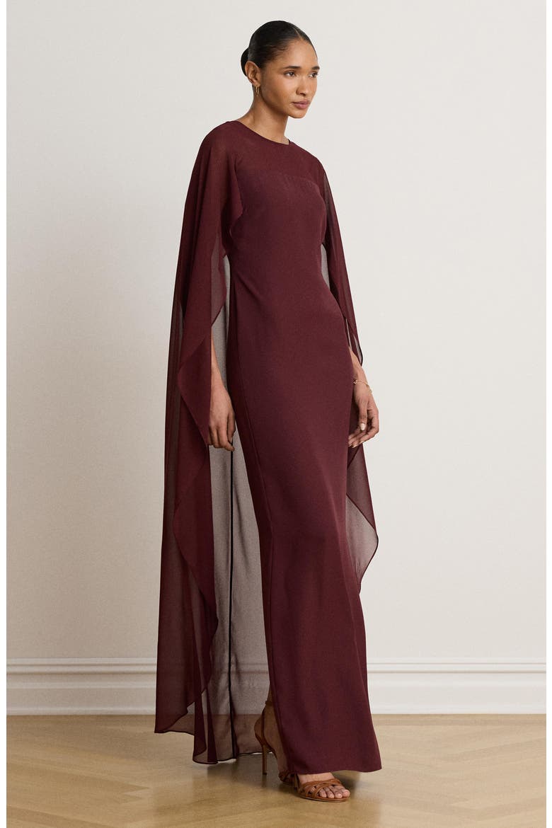 Cape Detail Triple Georgette Gown, Alternate, color, DARK GARNET BURGUNDY