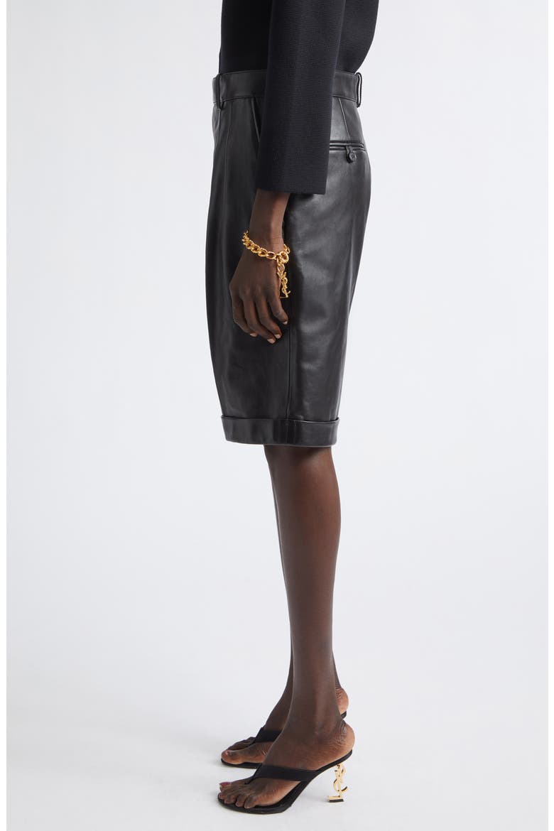 Lambskin Leather Bermuda Shorts, Alternate, color, BLACK