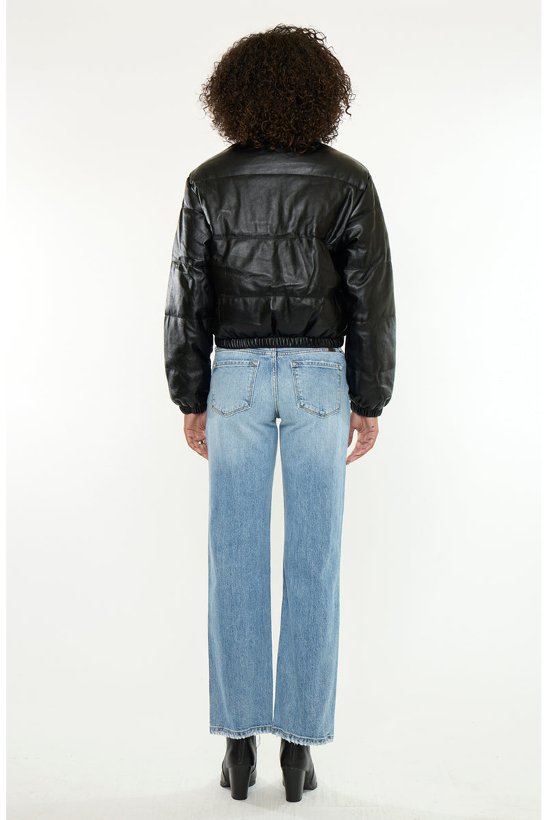 Taylor Cropped Faux Leather Puffer Jacket, Alternate, color, Black