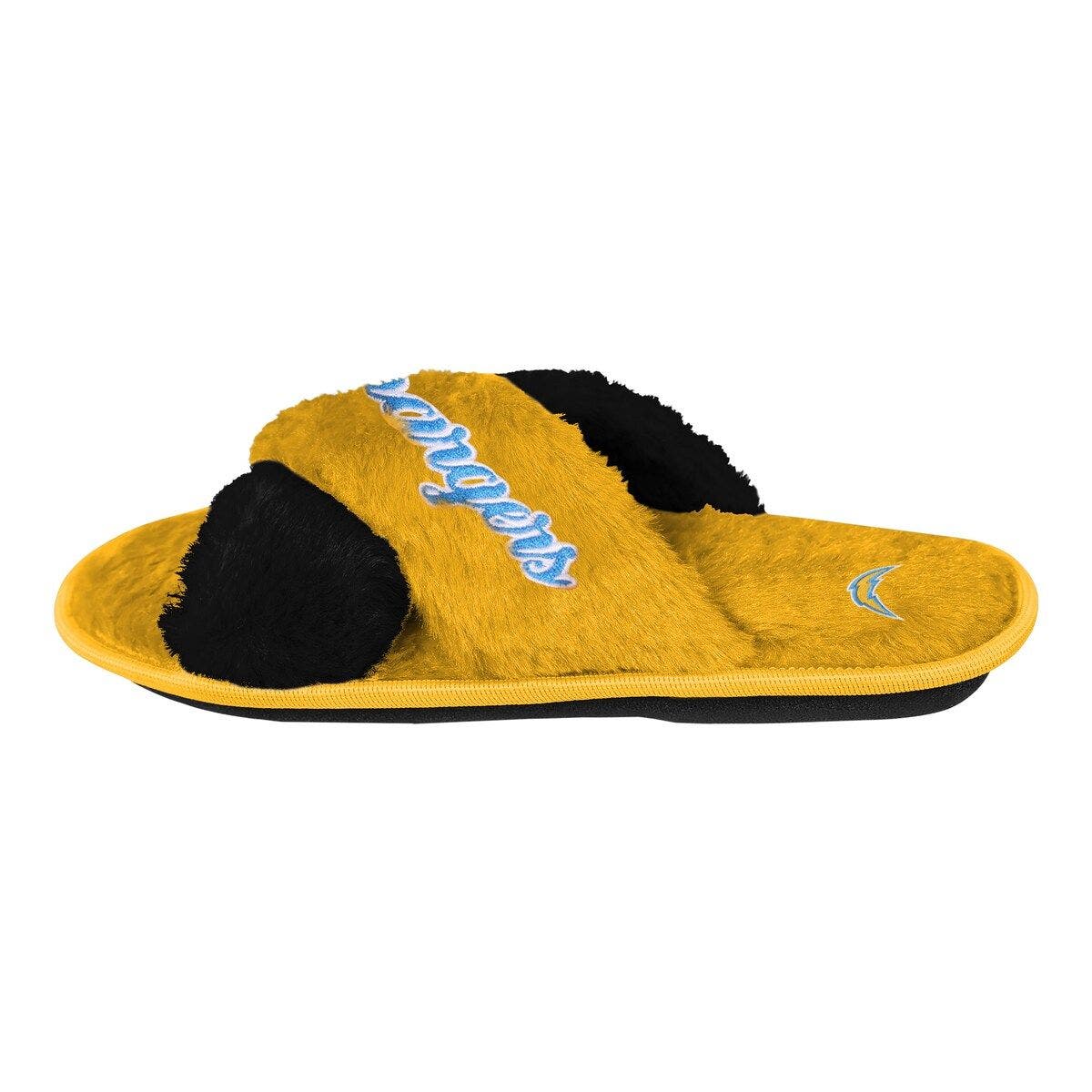 FOCO Women's FOCO Gold Los Angeles Chargers Two-Tone Crossover Faux Fur Slide Slippers, Alternate, color, 