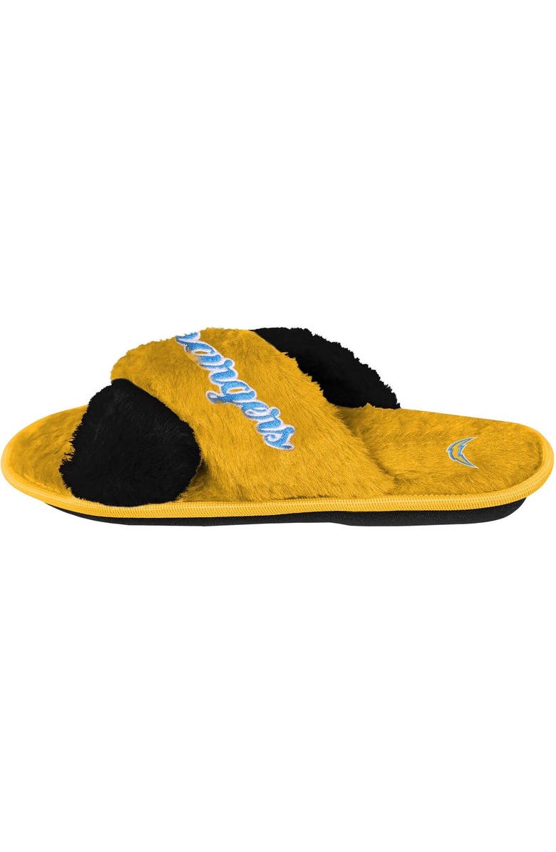 FOCO Women's FOCO Gold Los Angeles Chargers Two-Tone Crossover Faux Fur Slide Slippers, Alternate, color,