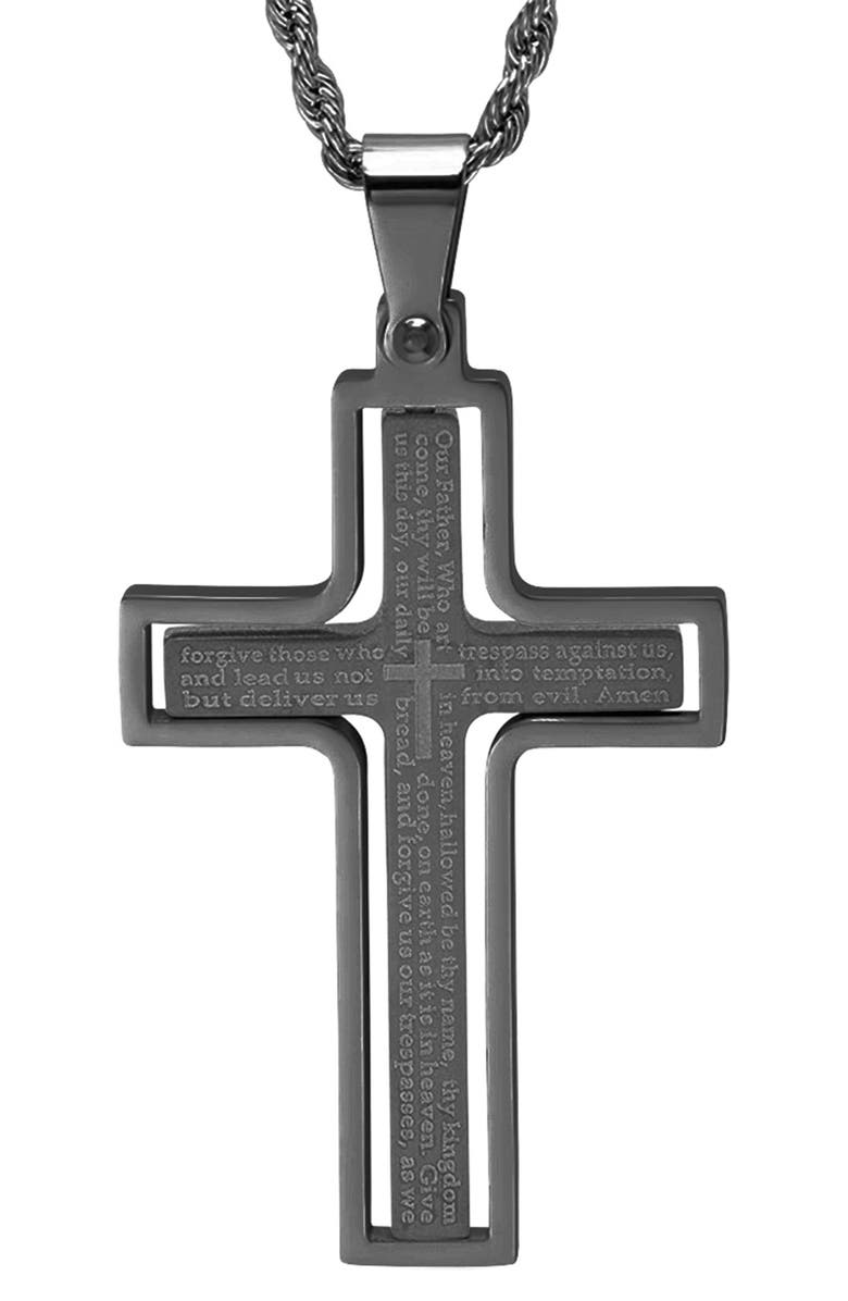 HMY JEWELRY Black IP Stainless Steel Lord's Prayer Engraved Cross Pendant Necklace, Alternate, color, 