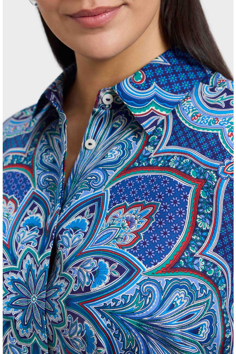 Olivia Printed Smocked Cuff Cotton Button-Up Shirt, Alternate, color, BLUE MULTI