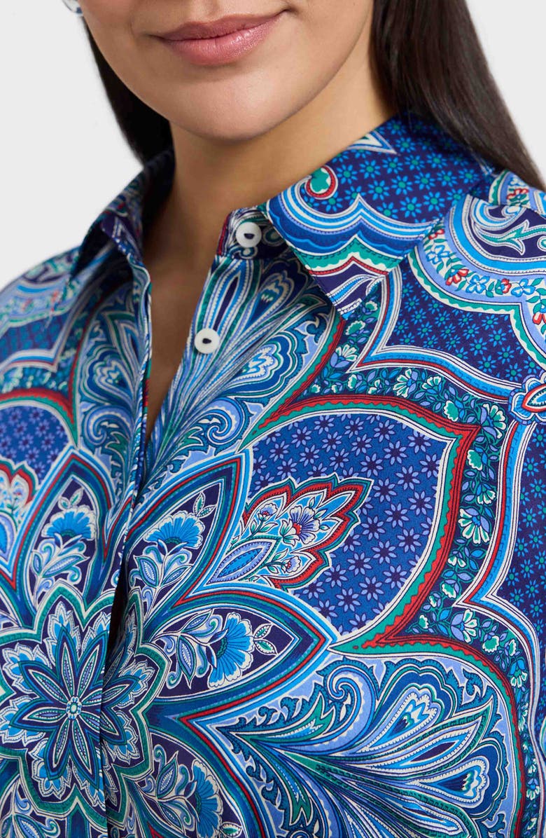 Foxcroft Olivia Printed Smocked Cuff Cotton Button-Up Shirt, Alternate, color, Blue Multi
