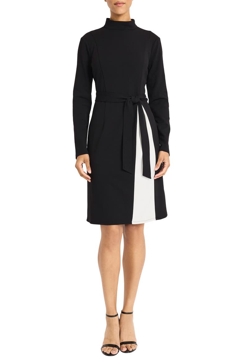 Long Sleeve Turtleneck Contrast Dress, Main, color, BLACK