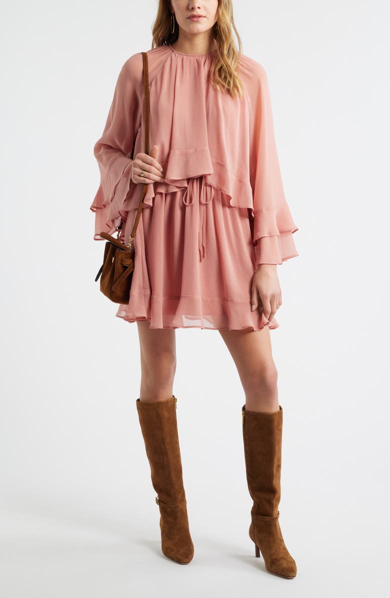 Treasure & Bond Tiered Long Sleeve Chiffon Minidress, Alternate, color, Pink Desert
