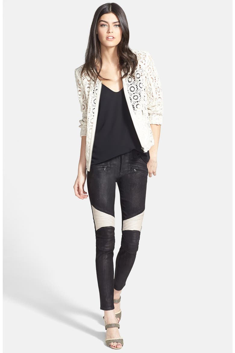 Faux Leather Trim Crocheted Jacket, Alternate, color, SAND SHELL
