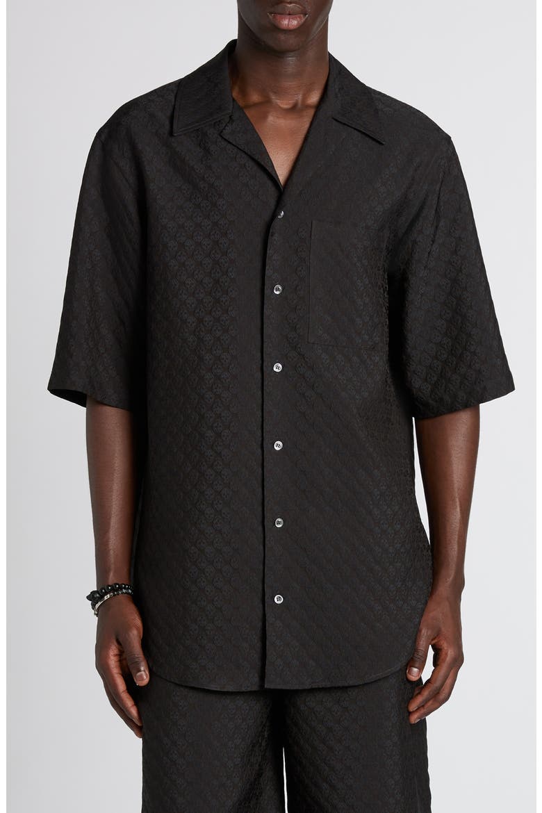 Skull Jacquard Satin Camp Shirt, Main, color, BLACK/ BLACK