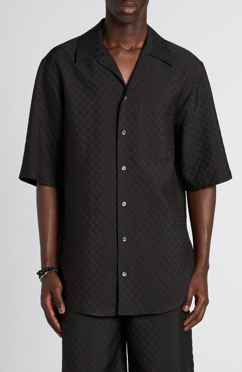 McQueen Skull Jacquard Satin Camp Shirt, Main, color, Black/ Black