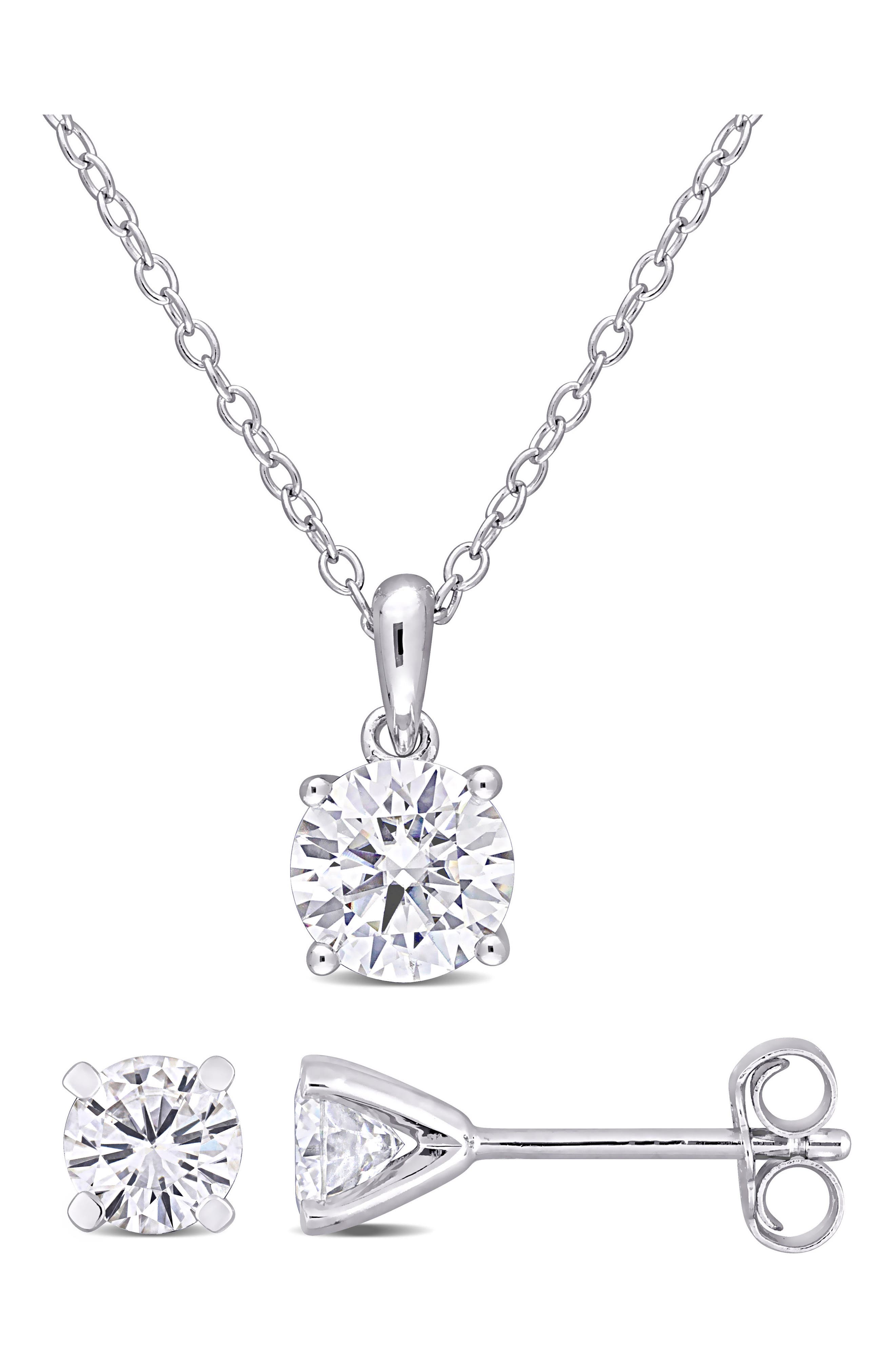 DELMAR Round Lab Grown Moissanite Pendant Necklace & Stud Earrings Set