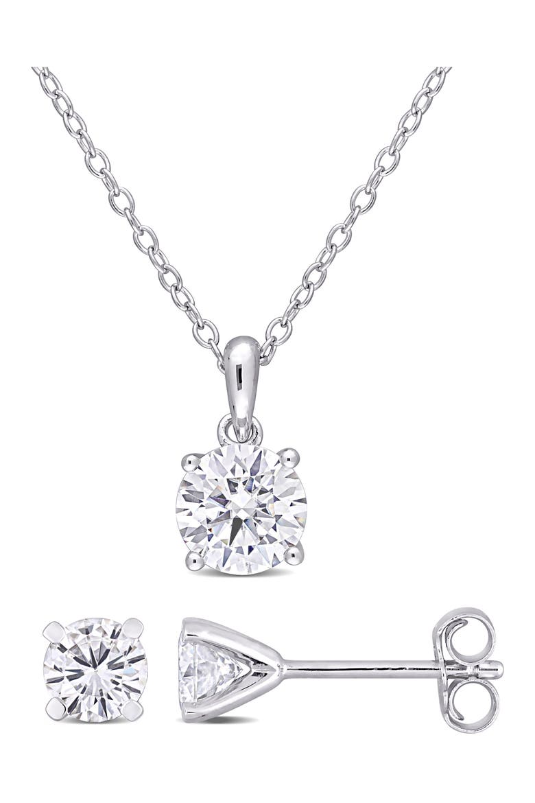 Round Lab Grown Moissanite Pendant Necklace & Stud Earrings Set, Main, color, SILVER