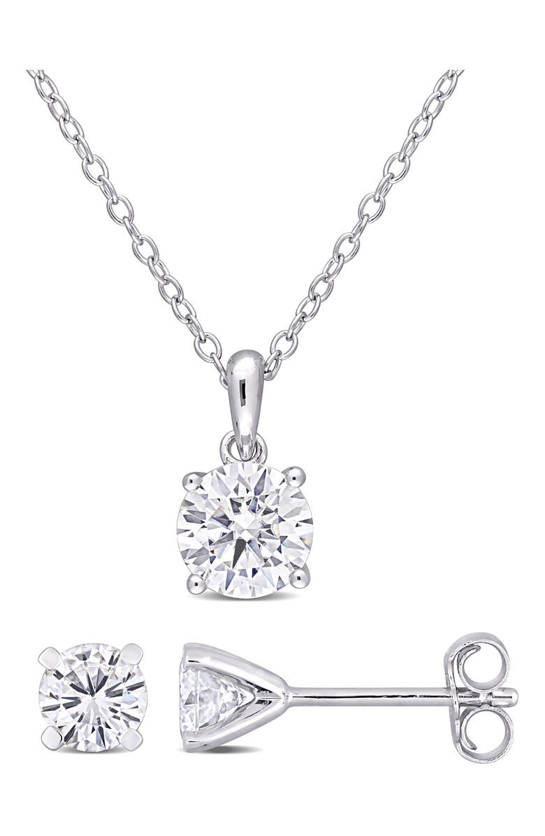 DELMAR Round Lab Grown Moissanite Pendant Necklace & Stud Earrings Set, Main, color, Silver