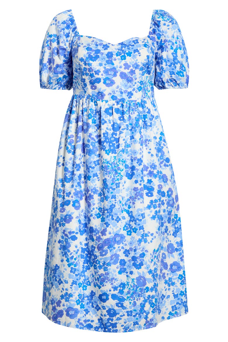 Carli Floral Print Midi Dress, Alternate, color, WHITE-BLUES-MULTI