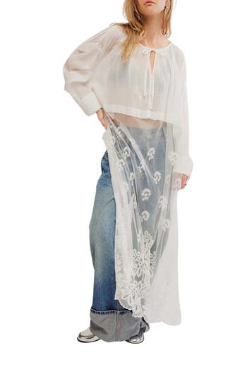 Free People Willow Embroidered Mesh Mixed Media Maxi Tunic Top In Optic White