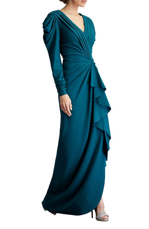 Tadashi Shoji Finch Waterfall Draped Gown In Tea Leaf