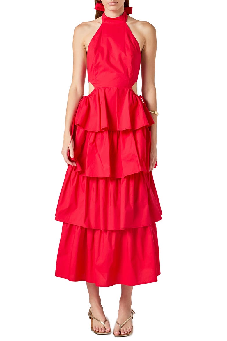 Tiered Ruffle Halter Maxi Dress, Main, color, RED