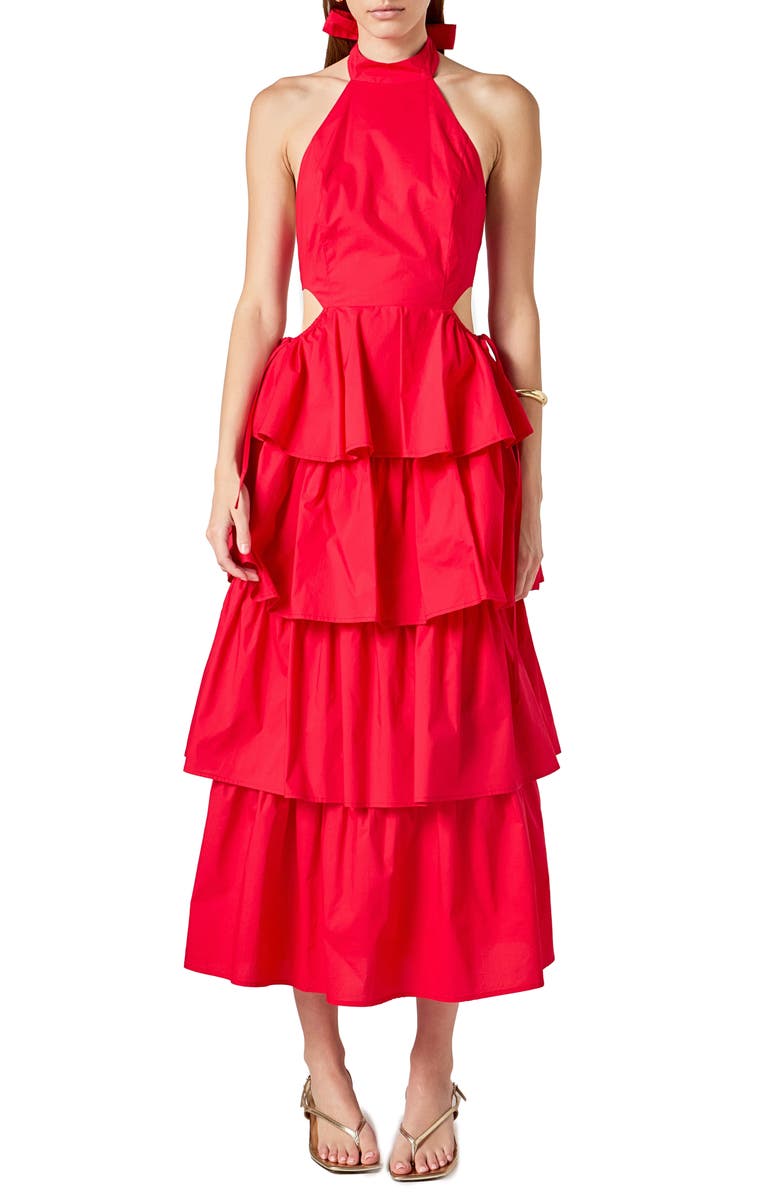 Endless Rose Tiered Ruffle Halter Maxi Dress, Main, color, Red