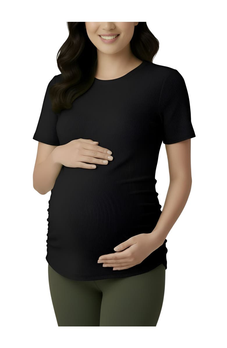MOTHERHOOD MATERNITY Women's Crew Neck Side-Ruched Maternity Short Sleeve Top, Main, color, Black