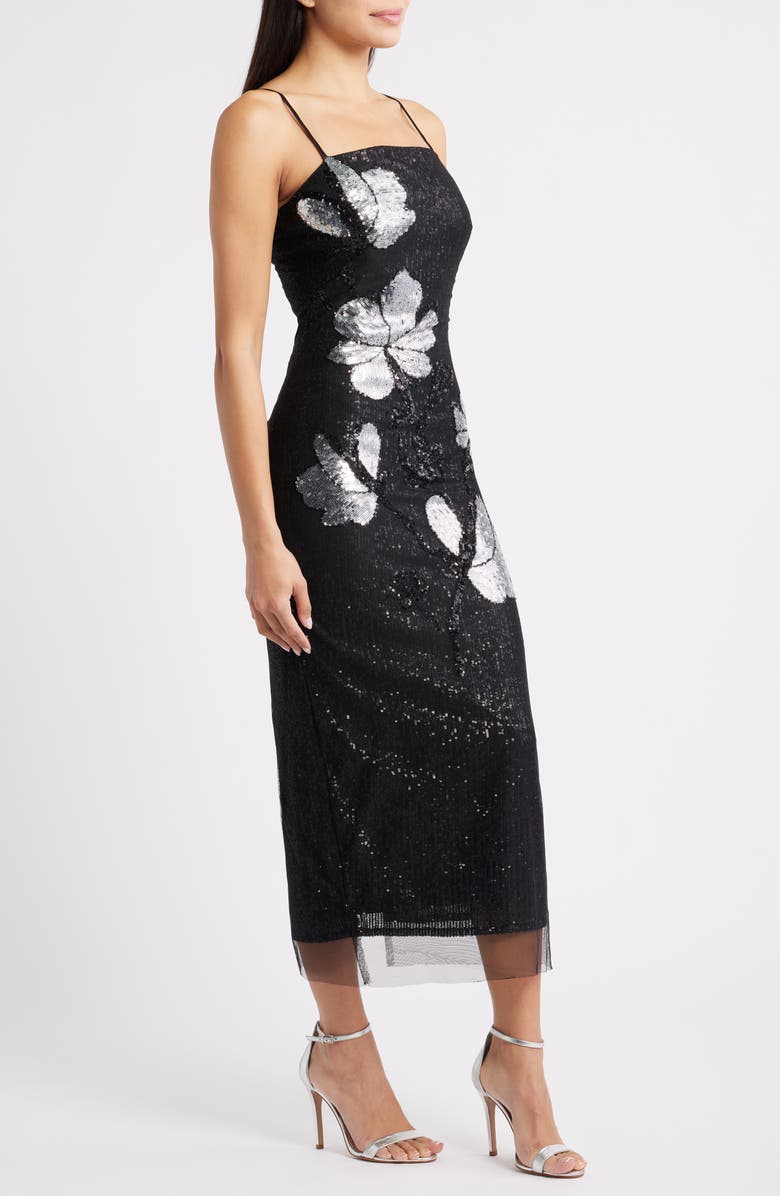 Vince Camuto Placed Sequin Floral Gown, Alternate, color, Black