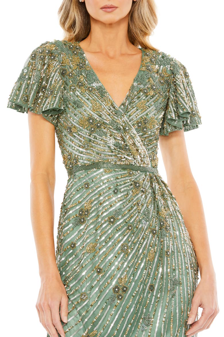 Women's Embellished Faux Wrap Flutter Sleeve Dress, Alternate, color, SAGE