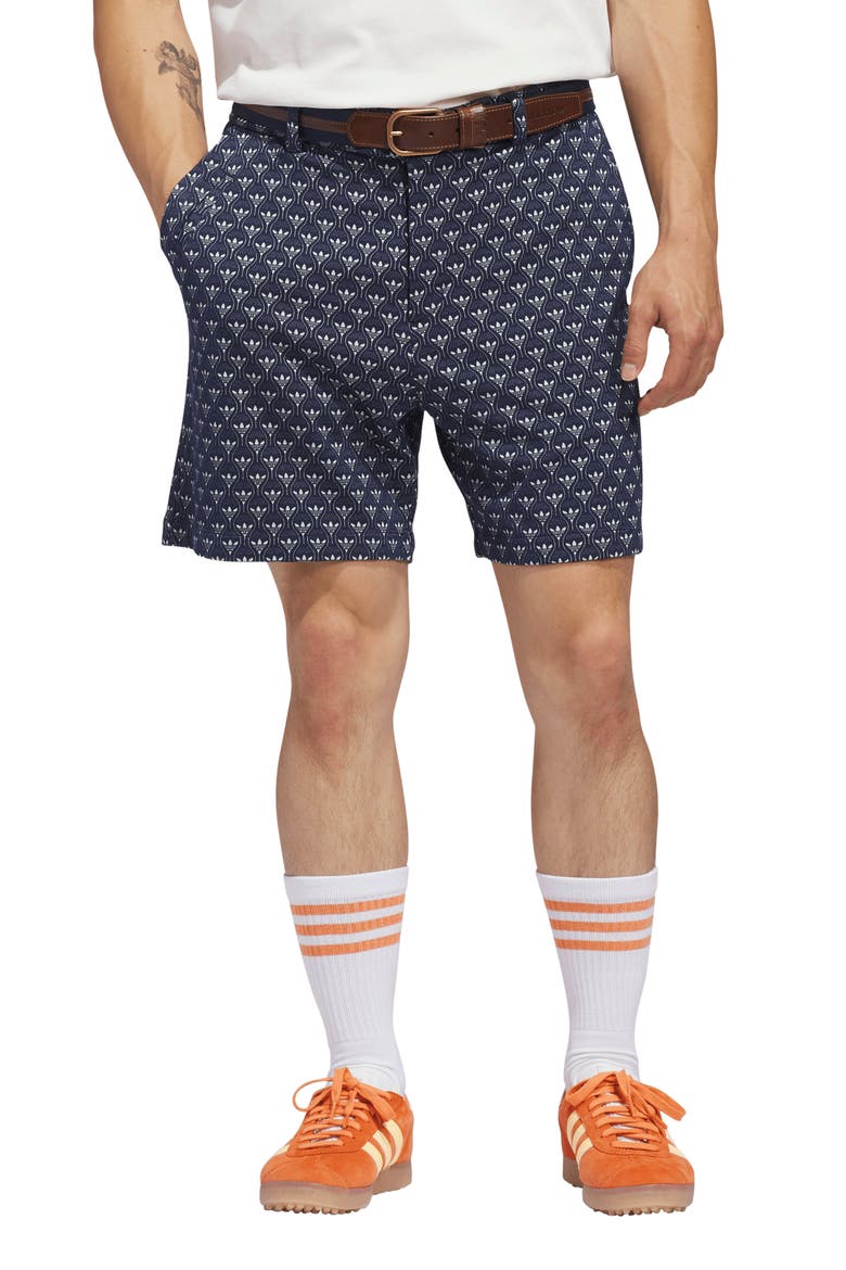 Originals Trefoil & Tee Jacquard Piqué Flat Front Golf Shorts, Main, color, NIGHT INDIGO/ CHALK WHITE