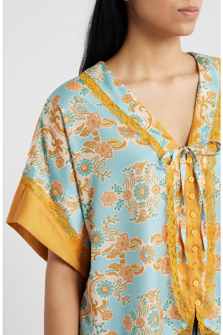 Lace Trim Print Dolman Sleeve Top, Alternate, color, PALE TEAL/ ORANGE MULTI