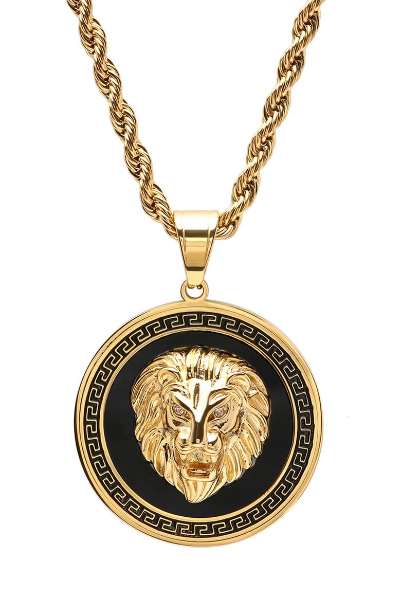 HMY JEWELRY Men's 18K Gold Plated Stainless Steel Lion Pendant Necklace, Main, color, Gold/ Black
