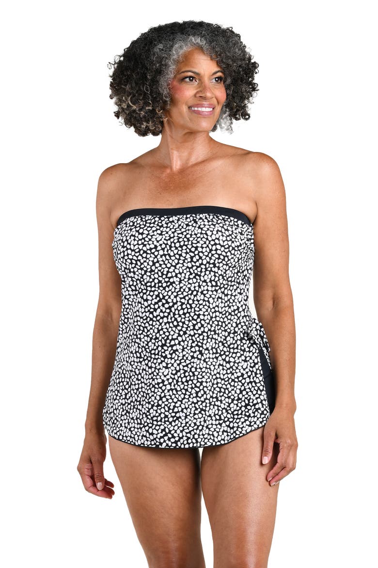 Dot Bandeau Sarong One-Piece Swimsuit, Alternate, color, BLACK