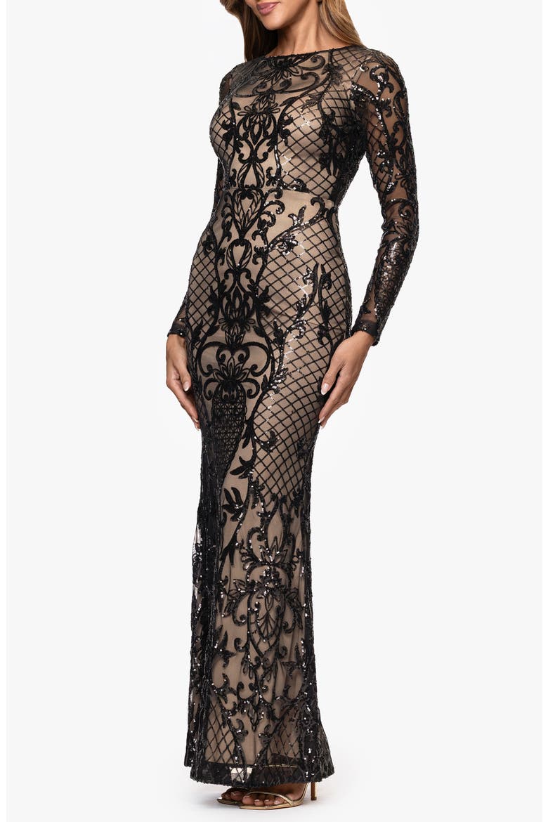 Sequin Placement Long Sleeve Gown, Alternate, color, BLACK/ NUDE