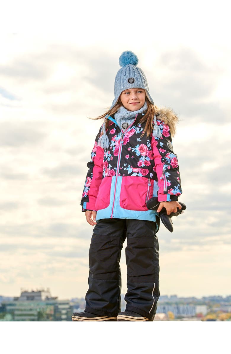 Deux par Deux Girl's Two Piece Snowsuit Printed Roses With Solid Pant Black, Alternate, color, 