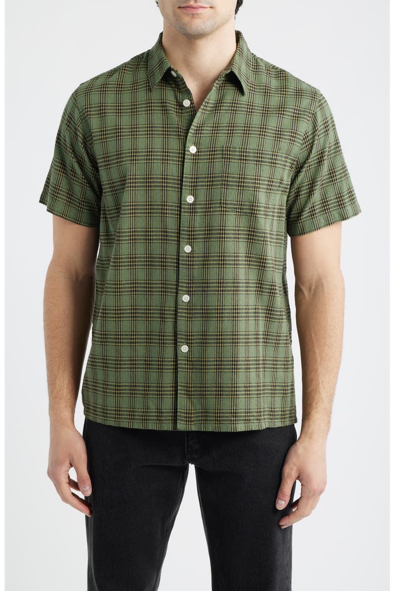Office Woven Check Short Sleeve Cotton Button-Up Shirt, Main, color, GREEN