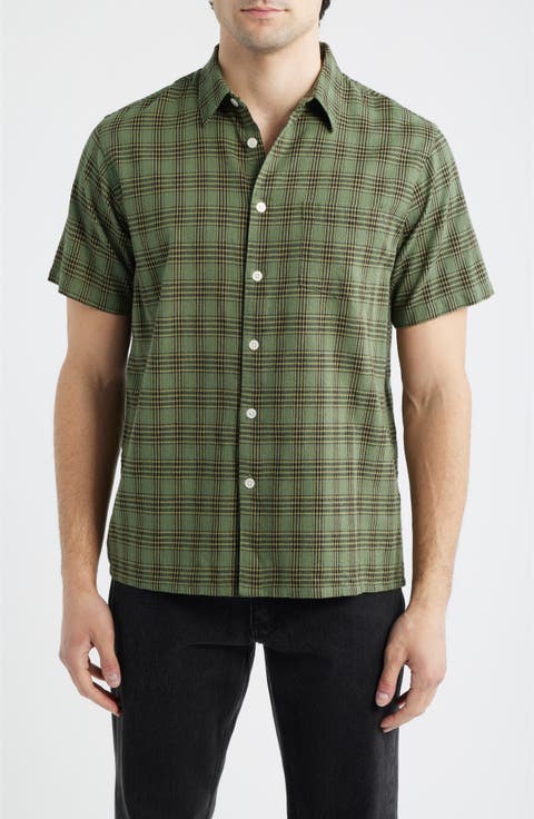 Office Woven Check Short Sleeve Cotton Button-Up Shirt