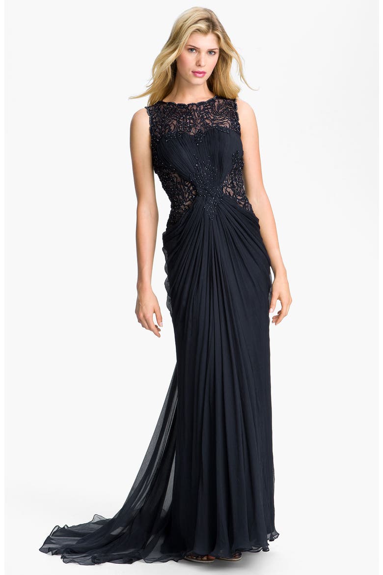 Lace & Chiffon Gown, Main, color, NAVY