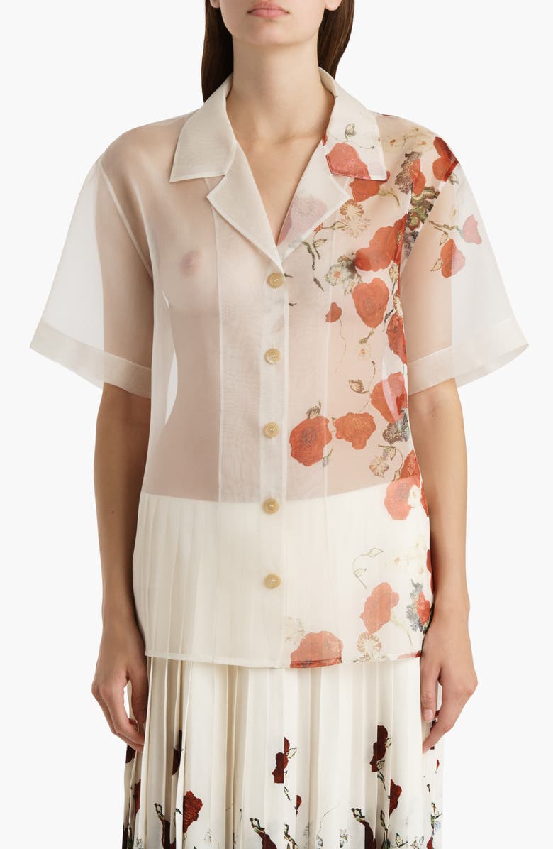 Khaite Riordan Floral Silk Organza Camp Shirt, Main, color, Cream / Red