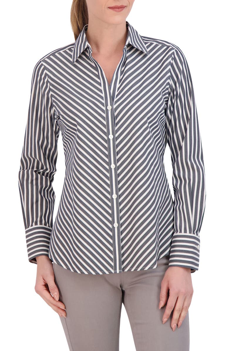 Foxcroft Mary Stripe Stretch Button-Up Shirt, Main, color, Black
