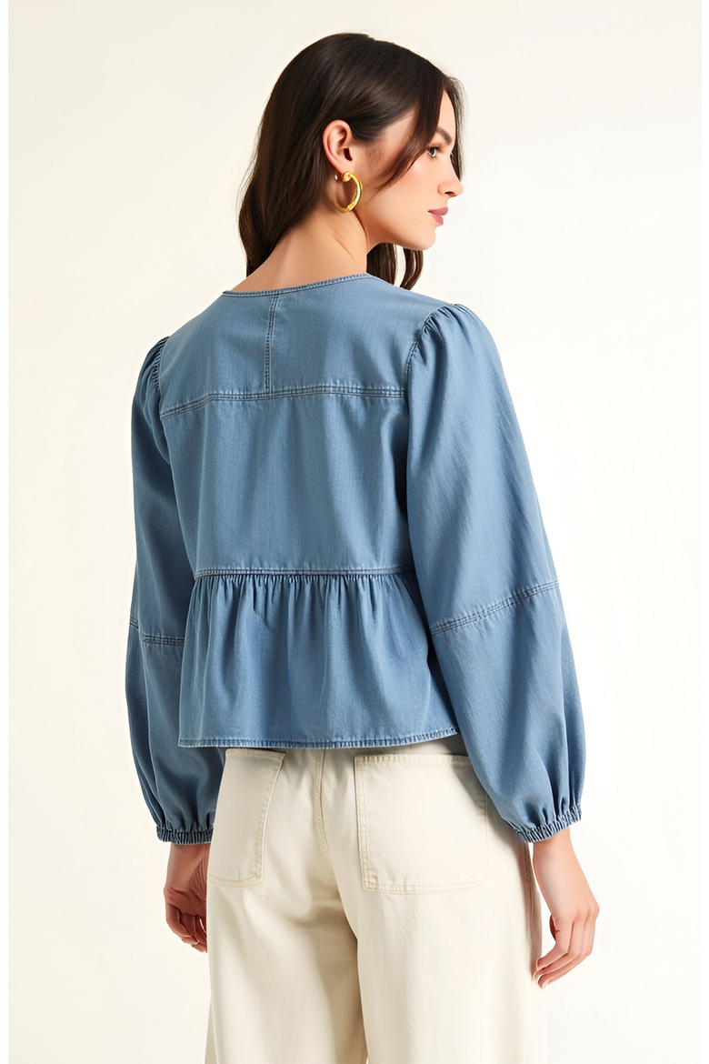 Long Puff-Sleeve Tie-Front Peplum Denim Blouse, Alternate, color, Denim Blue