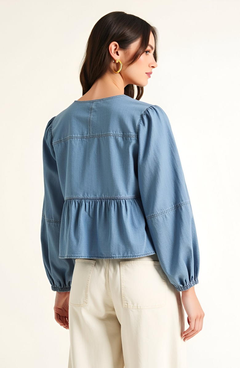 Modenaire Long Puff-Sleeve Tie-Front Peplum Denim Blouse, Alternate, color, Denim Blue
