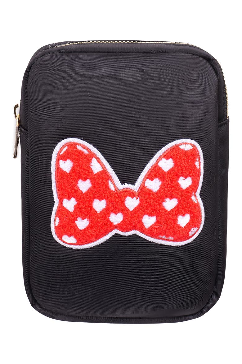 Mini Heart Bow Cosmetics Bag, Main, color, BLACK/RED