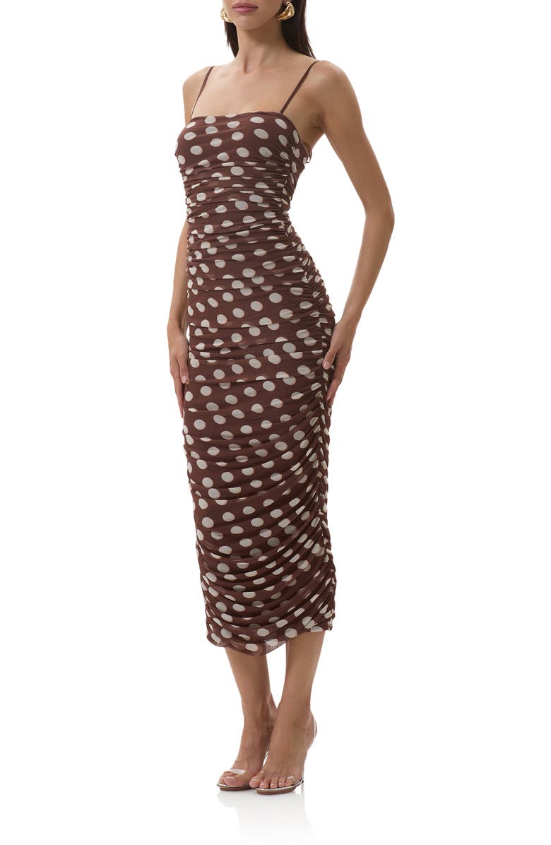 AFRM Hazel Ruched Mesh Midi Dress, Alternate, color, Chocolate Halo Dot