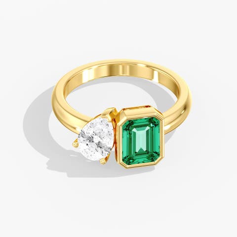 Toi et Moi Green Emerald and Lab Diamond Ring in 14K