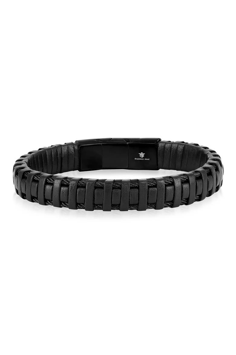 Men's Leather Wrapped Bracelet, Main, color, BLACK
