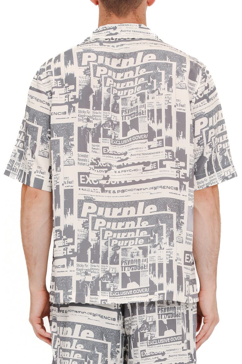 Tabloid Print Short Sleeve Button-Up Shirt, Alternate, color, IVORY/ GREY MULTI