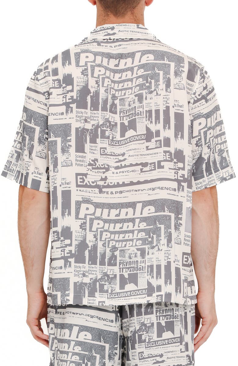 PURPLE BRAND Tabloid Print Short Sleeve Button-Up Shirt, Alternate, color, Ivory/ Grey Multi